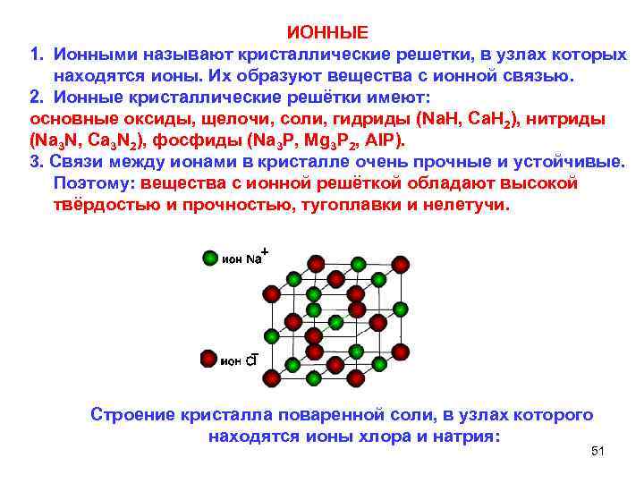  ИОННЫЕ 1. Ионными называют кристаллические решетки, в узлах которых находятся ионы. Их образуют