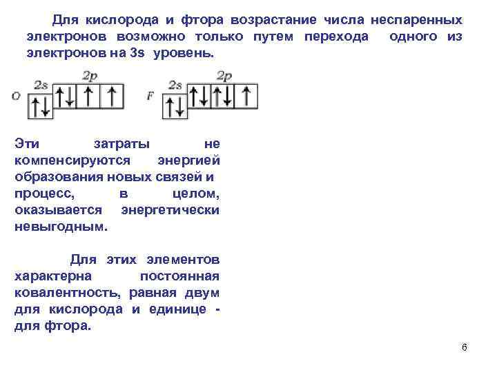  Для кислорода и фтора возрастание числа неспаренных электронов возможно только путем перехода одного