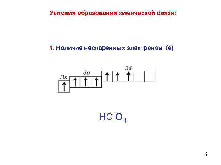  Условия образования химической связи: 1. Наличие неспаренных электронов (ē) НСl. О 4 9