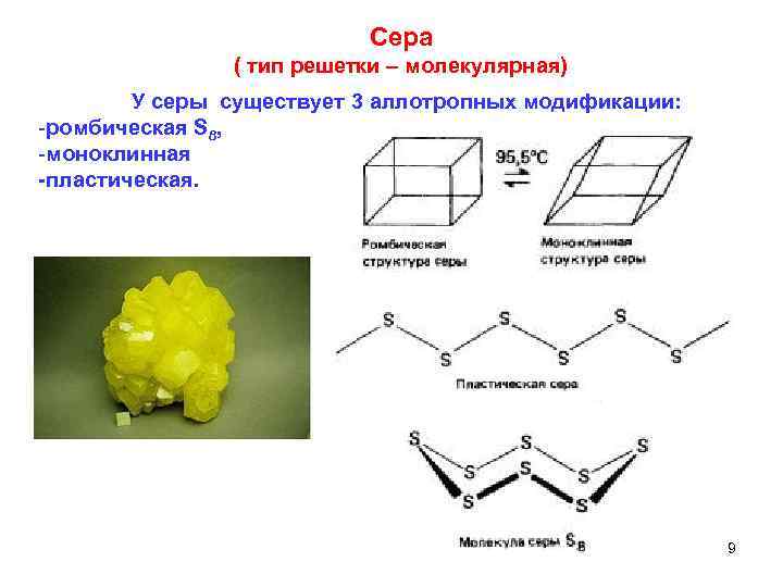  Сера ( тип решетки – молекулярная) У серы существует 3 аллотропных модификации: -ромбическая