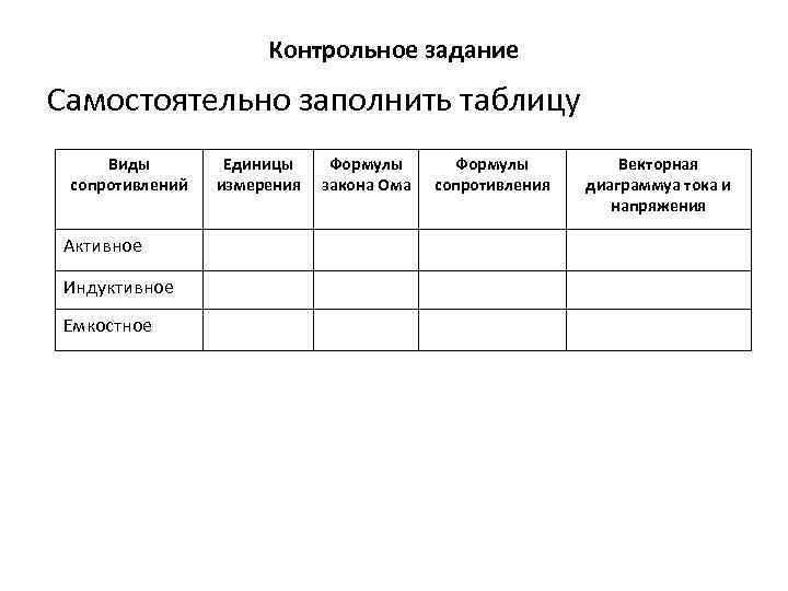 Контрольное задание Самостоятельно заполнить таблицу Виды сопротивлений Активное Индуктивное Емкостное Единицы измерения Формулы закона