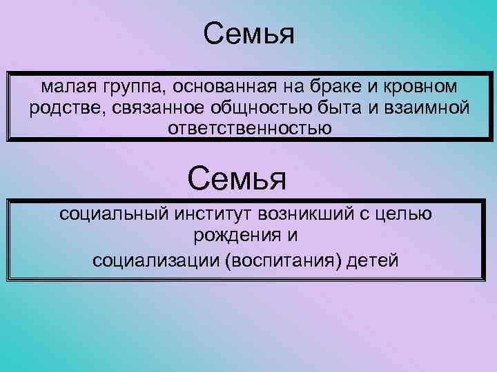 Семья малая группа, основанная на браке и кровном родстве, связанное общностью быта и взаимной