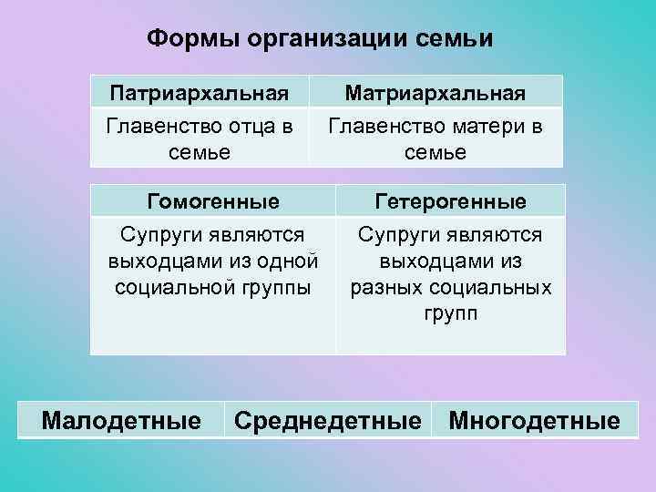 Формы организации семьи Патриархальная Матриархальная Главенство отца в семье Главенство матери в семье Гомогенные