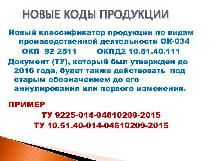 НОВЫЕ КОДЫ ПРОДУКЦИИ Новый классификатор продукции по видам производственной деятельности ОК-034 ОКП 92 2511