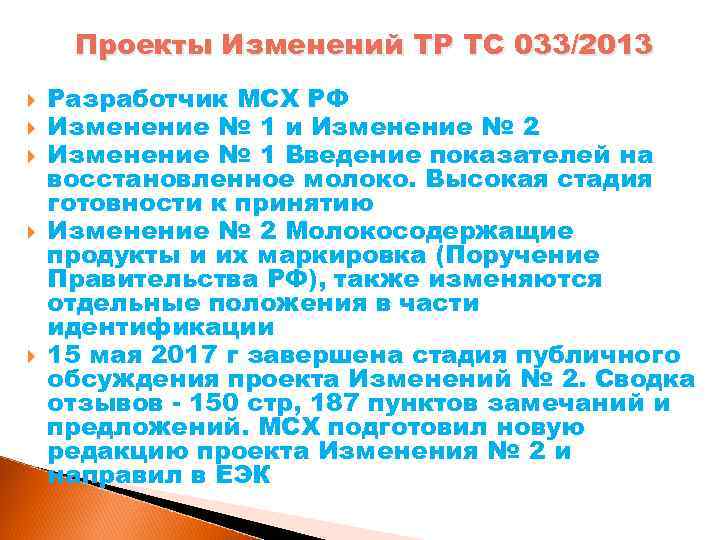 Проекты Изменений ТР ТС 033/2013 Разработчик МСХ РФ Изменение № 1 и Изменение №