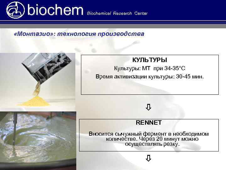 biochem Biochemical Research Center «Монтазио» : технология производства КУЛЬТУРЫ Культуры: MT при 34 -35°C