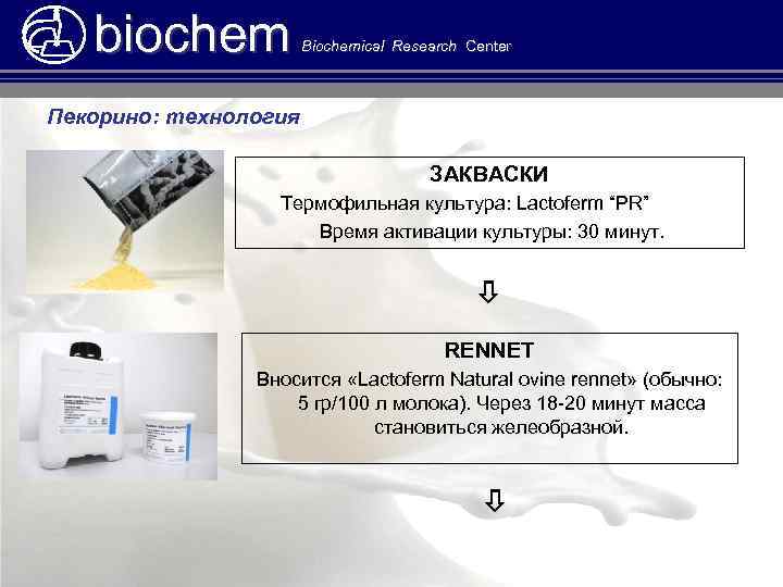 biochem Biochemical Research Center Пекорино: технология ЗАКВАСКИ Термофильная культура: Lactoferm “PR” Время активации культуры: