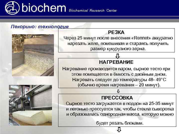 biochem Biochemical Research Center Пекорино: технология РЕЗКА Через 25 минут после внесения «Rennet» аккуратно
