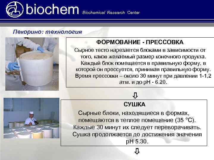 biochem Biochemical Research Center Пекорино: технология ФОРМОВАНИЕ - ПРЕССОВКА Сырное тесто нарезается блоками в