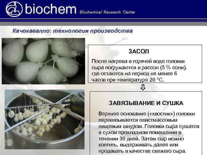 biochem Biochemical Research Center Качокавалло: технология производства ЗАСОЛ После нагрева в горячей воде головки