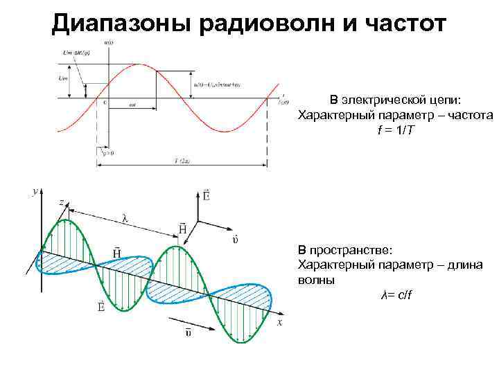 Диапазоны радиоволн и частот В электрической цепи: Характерный параметр – частота f = 1/T