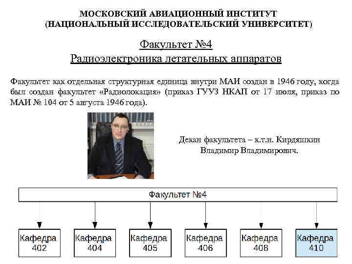 МОСКОВСКИЙ АВИАЦИОННЫЙ ИНСТИТУТ (НАЦИОНАЛЬНЫЙ ИССЛЕДОВАТЕЛЬСКИЙ УНИВЕРСИТЕТ) Факультет № 4 Радиоэлектроника летательных аппаратов Факультет как