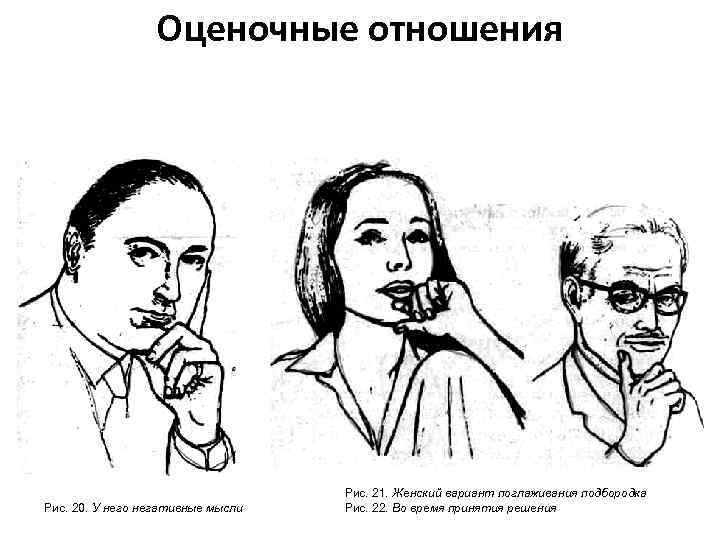 Оценочные отношения Рис. 20. У него негативные мысли Рис. 21. Женский вариант поглаживания подбородка