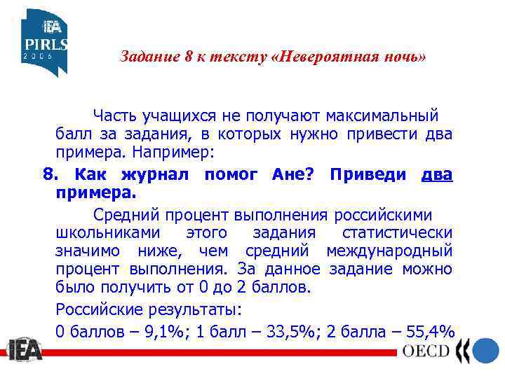 Задание 8 к тексту «Невероятная ночь» Часть учащихся не получают максимальный балл за задания,