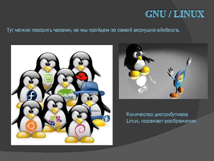 GNU / LINUX Тут можно говорить часами, но мы пройдем по самой верхушке айсберга.