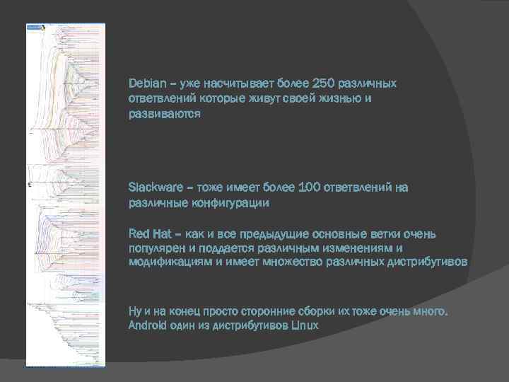 Debian – уже насчитывает более 250 различных ответвлений которые живут своей жизнью и развиваются