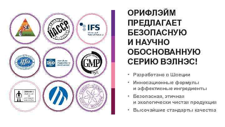 ОРИФЛЭЙМ ПРЕДЛАГАЕТ БЕЗОПАСНУЮ И НАУЧНО ОБОСНОВАННУЮ СЕРИЮ ВЭЛНЭС! • Разработано в Швеции • Инновационные