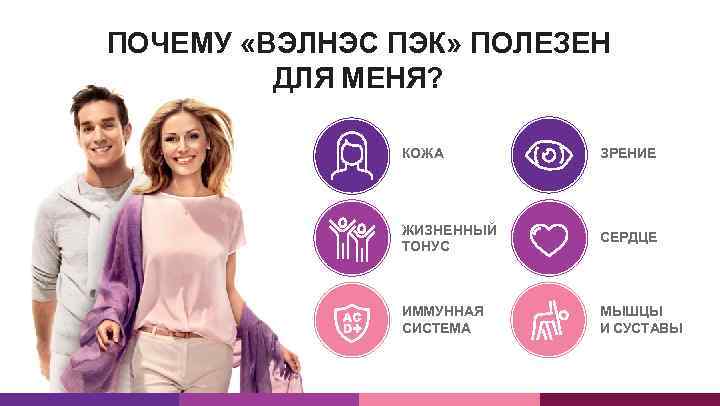 ПОЧЕМУ «ВЭЛНЭС ПЭК» ПОЛЕЗЕН ДЛЯ МЕНЯ? КОЖА ЗРЕНИЕ ЖИЗНЕННЫЙ ТОНУС СЕРДЦЕ ИММУННАЯ СИСТЕМА МЫШЦЫ