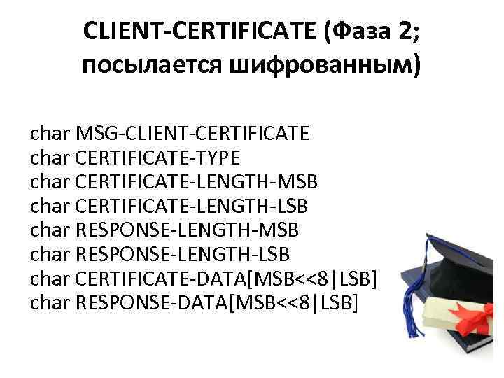 CLIENT-CERTIFICATE (Фаза 2; посылается шифрованным) char MSG-CLIENT-CERTIFICATE char CERTIFICATE-TYPE char CERTIFICATE-LENGTH-MSB char CERTIFICATE-LENGTH-LSB char