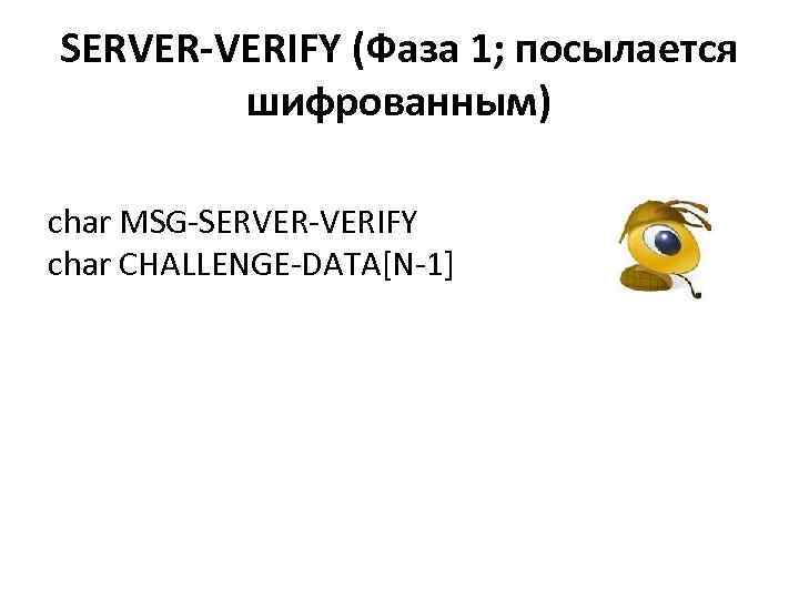 SERVER-VERIFY (Фаза 1; посылается шифрованным) char MSG-SERVER-VERIFY char CHALLENGE-DATA[N-1] 