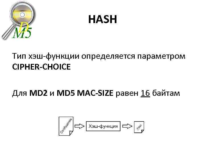 HASH Тип хэш-функции определяется параметром CIPHER-CHOICE Для MD 2 и MD 5 MAC-SIZE равен