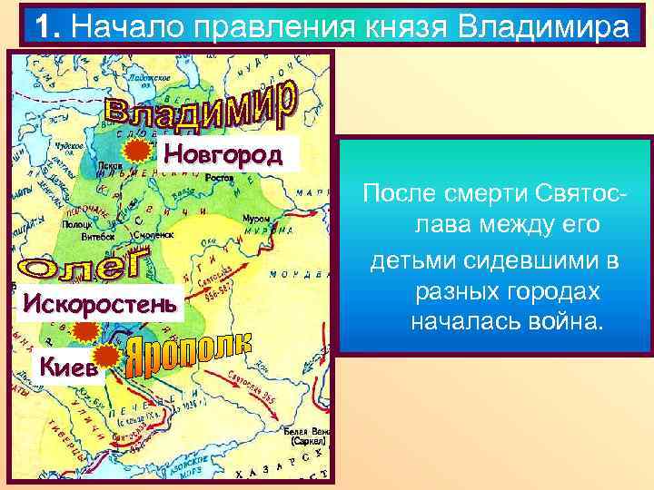 1. Начало правления князя Владимира Новгород Искоростень Киев После смерти Святослава между его детьми