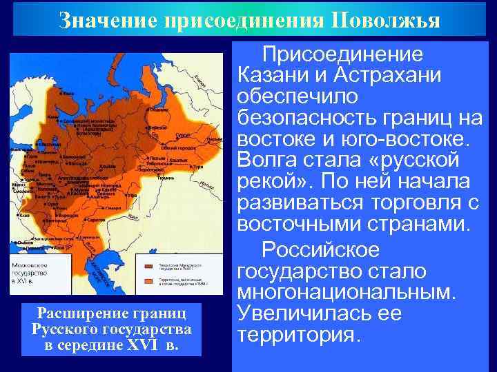 Значение присоединения Поволжья Расширение границ Русского государства в середине XVI в. Присоединение Казани и