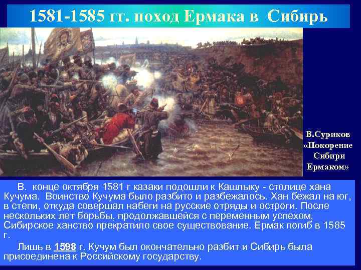 1581 -1585 гг. поход Ермака в Сибирь В. Суриков «Покорение Сибири Ермаком» В. конце