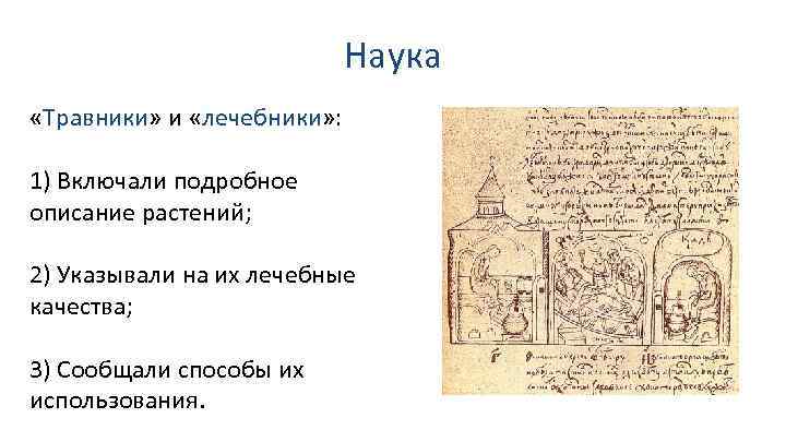 Наука «Травники» и «лечебники» : 1) Включали подробное описание растений; 2) Указывали на их