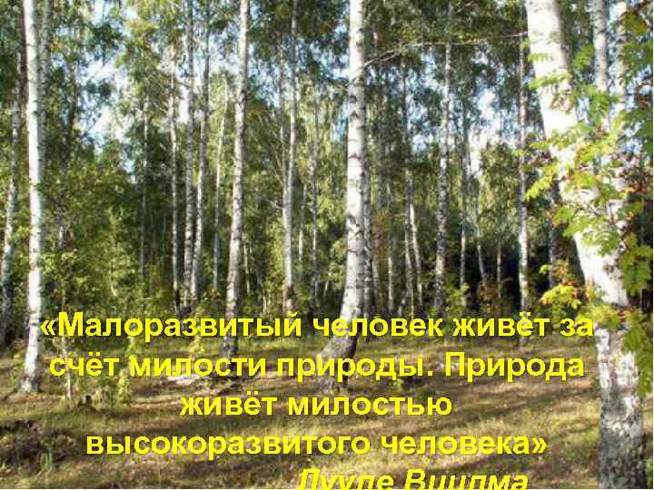  «Малоразвитый человек живёт за счёт милости природы. Природа живёт милостью высокоразвитого человека» 