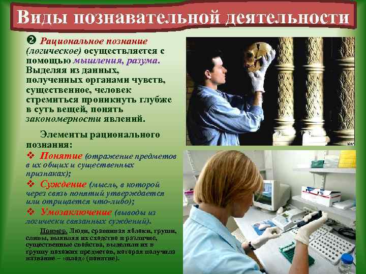 Виды познавательной деятельности Рациональное познание (логическое) осуществляется с помощью мышления, разума. Выделяя из данных,