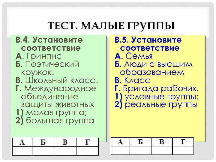 ТЕСТ. МАЛЫЕ ГРУППЫ В. 4. Установите соответствие А. Гринпис Б. Поэтический кружок. В. Школьный