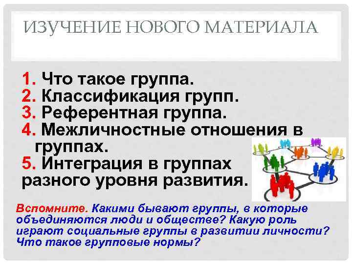 ИЗУЧЕНИЕ НОВОГО МАТЕРИАЛА 1. Что такое группа. 2. Классификация групп. 3. Референтная группа. 4.