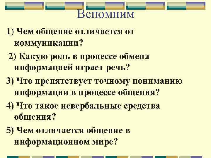 Вспомним 1) Чем общение отличается от коммуникации? 2) Какую роль в процессе обмена информацией