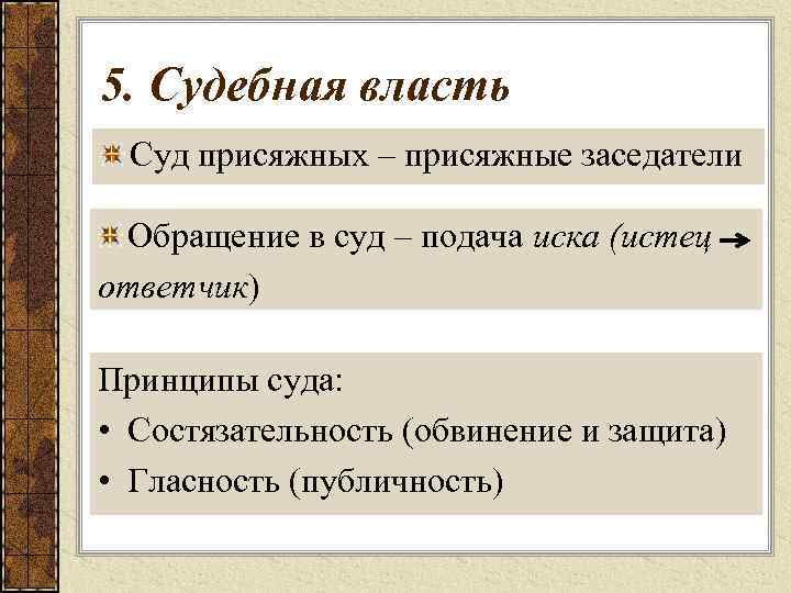 5. Судебная власть Суд присяжных – присяжные заседатели Обращение в суд – подача иска