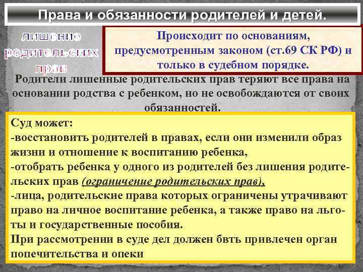 Права и обязанности родителей и детей. Происходит по основаниям, предусмотренным законом (ст. 69 СК