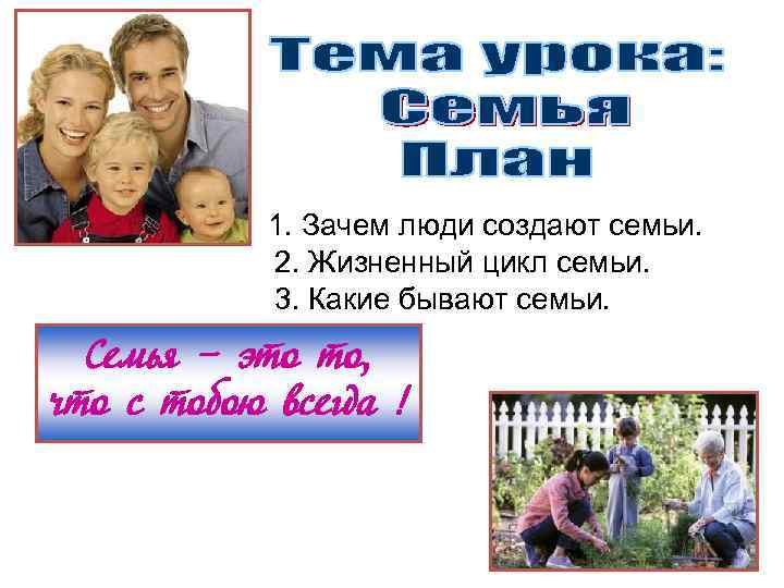  1. Зачем люди создают семьи. 2. Жизненный цикл семьи. 3. Какие бывают семьи.