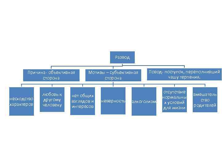 Мотивы – субъективная сторона Развод Причина- объективная сторона несходство характеров любовь к другому человеку