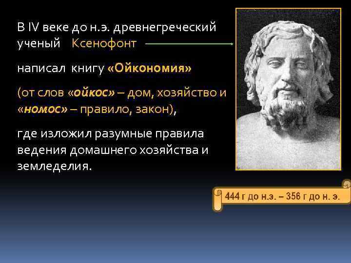 В IV веке до н. э. древнегреческий ученый Ксенофонт написал книгу «Ойкономия» (от слов