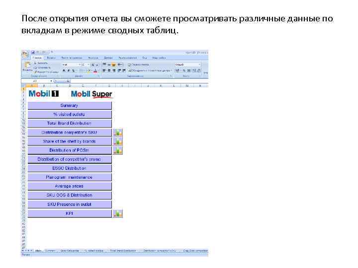 После открытия отчета вы сможете просматривать различные данные по вкладкам в режиме сводных таблиц.