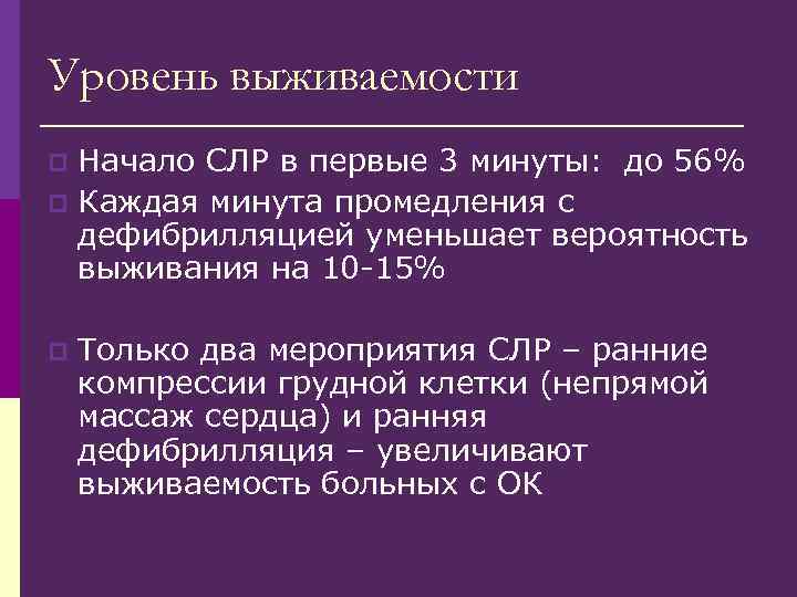 Уровень выживаемости Начало СЛР в первые 3 минуты: до 56% p Каждая минута промедления
