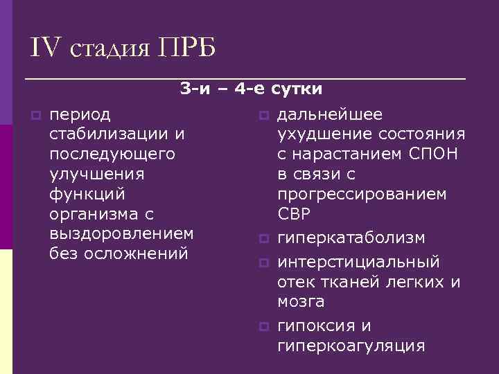 IV стадия ПРБ 3 -и – 4 -е сутки p период стабилизации и последующего
