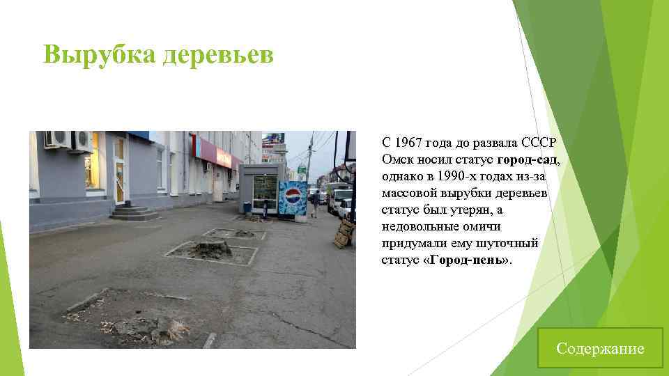 Вырубка деревьев С 1967 года до развала СССР Омск носил статус город-сад, однако в