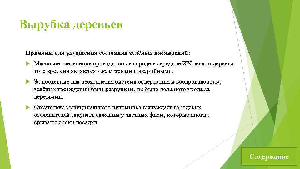 Вырубка деревьев Причины для ухудшения состояния зелёных насаждений: Массовое озеленение проводилось в городе в