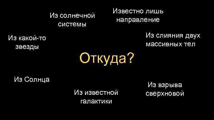 Из солнечной системы Из какой-то звезды Известно лишь направление Из слияния двух массивных тел