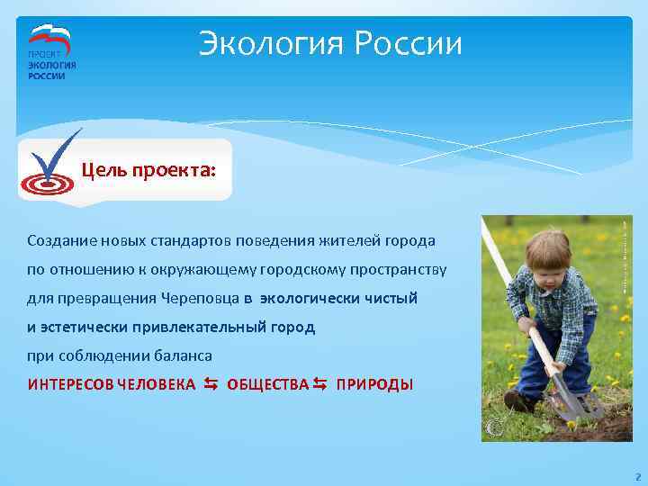 Экология России Цель проекта: : Создание новых стандартов поведения жителей города по отношению к