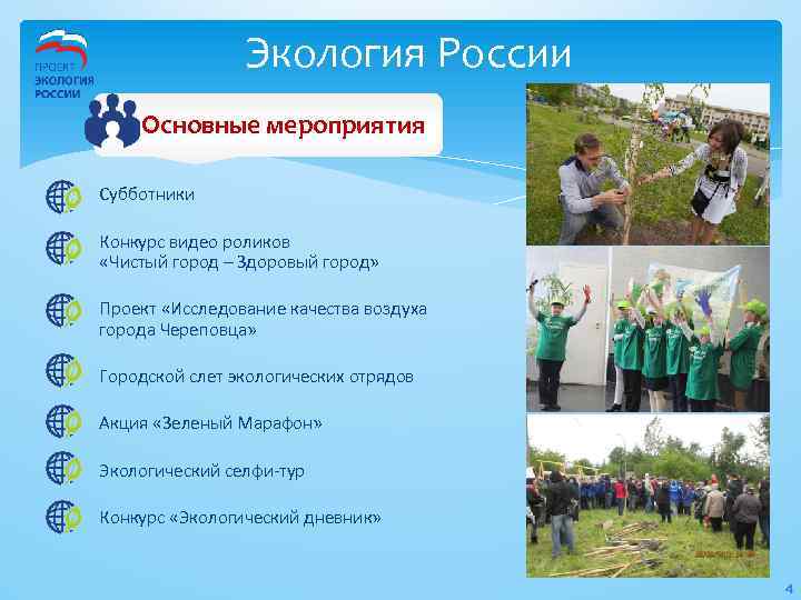 Экология России Основные мероприятия Субботники Конкурс видео роликов «Чистый город – Здоровый город» Проект