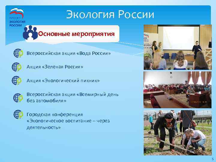 Экология России Основные мероприятия Всероссийская акция «Вода России» Акция «Зеленая Россия» Акция «Экологический пикник»