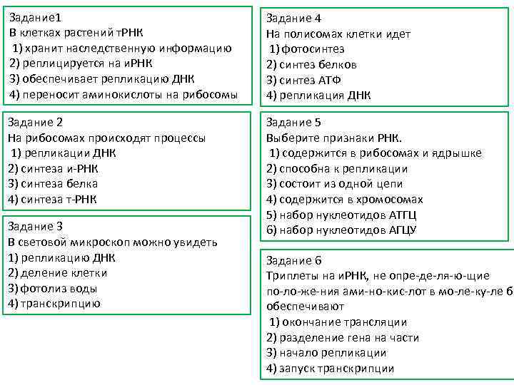 Задание 1 В клетках растений т. РНК 1) хранит наследственную информацию 2) реплицируется на