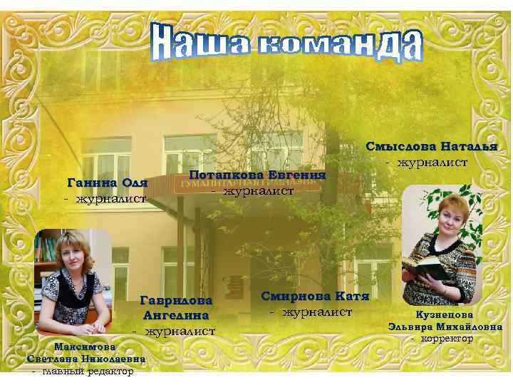 Ганина Оля - журналист Потапкова Евгения - журналист Гаврилова Ангелина - журналист Максимова Светлана